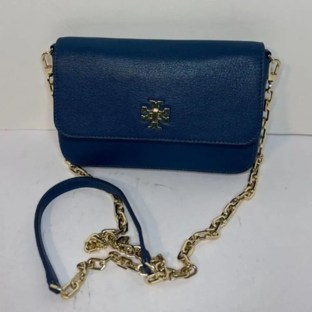 Tory Burch Navy Blue Crossbody Bag Gold Chain Logo Leather